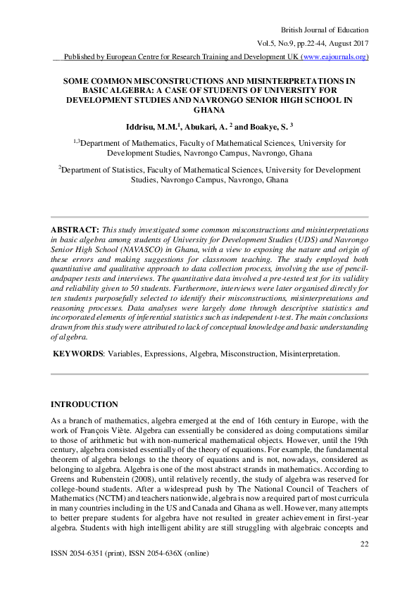 (PDF) Some Common Misconstructions and Misinterpretations in Basic Algebra