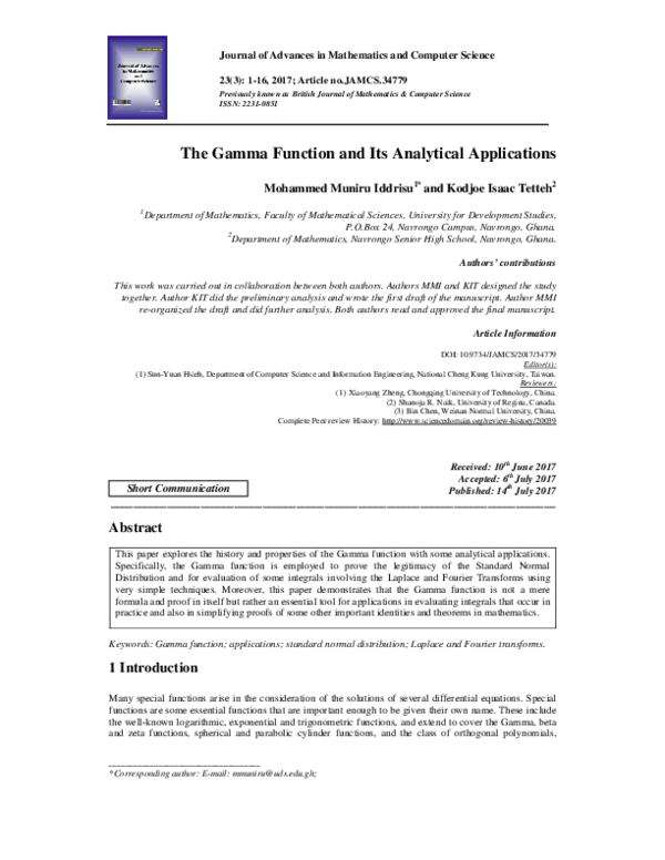 (PDF) The Gamma Function and Its Analytical Applications