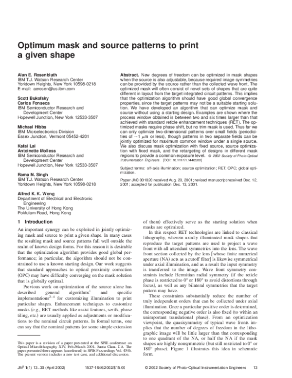 (PDF) Optimum mask and source patterns to print a given shape
