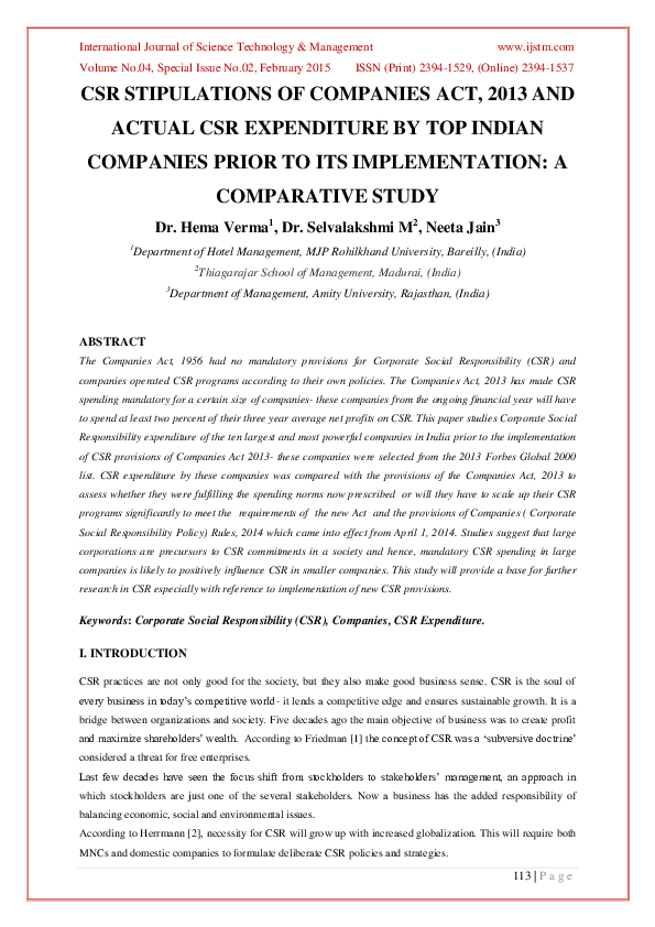 (PDF) CSR Stipulations of Companies Act, 2013 and Actual CSR ...