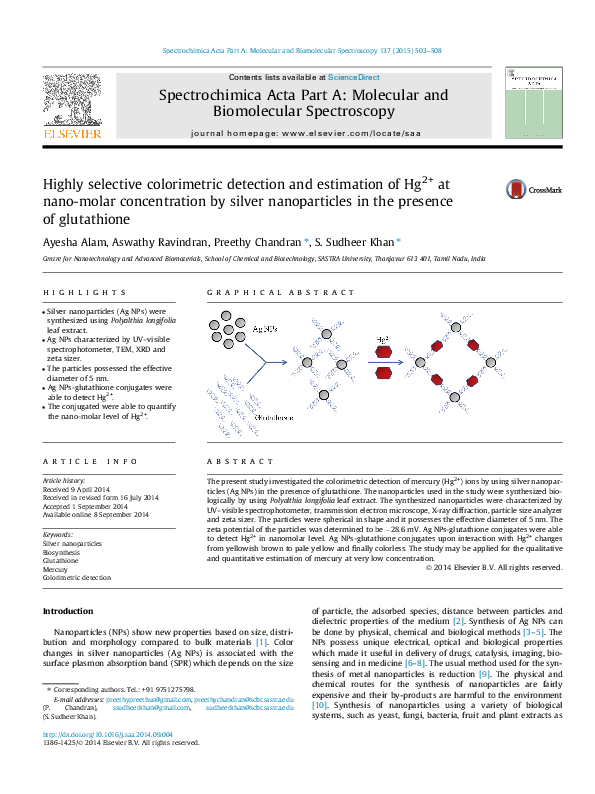 (PDF) Highly selective colorimetric detection and estimation of Hg2+ at ...