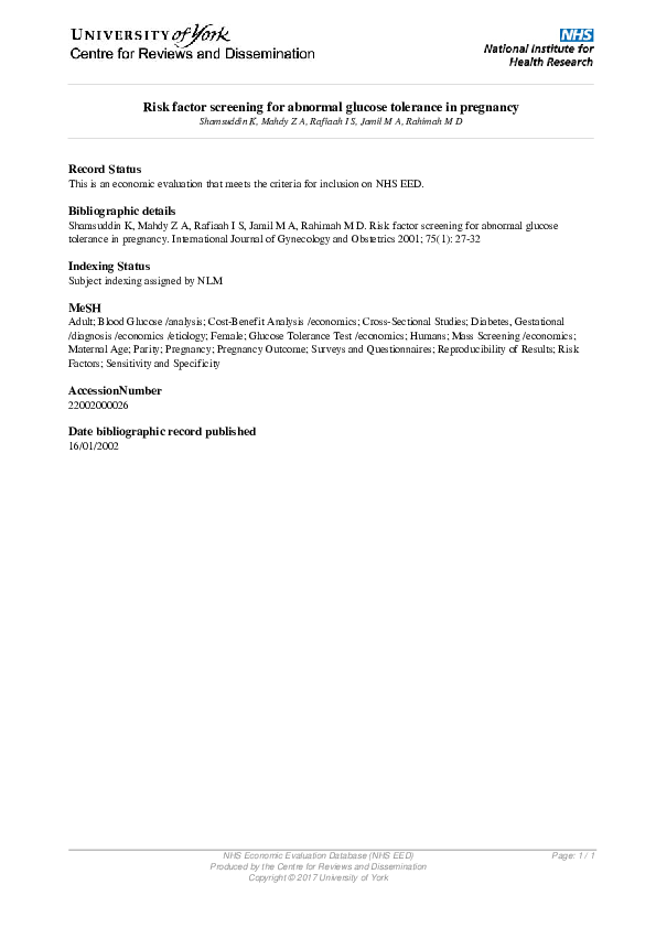 (PDF) Risk factor screening for abnormal glucose tolerance in pregnancy