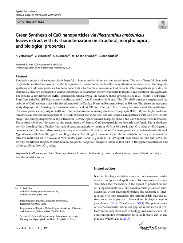 (PDF) Green Synthesis of CuO nanoparticles via Plectranthus amboinicus ...