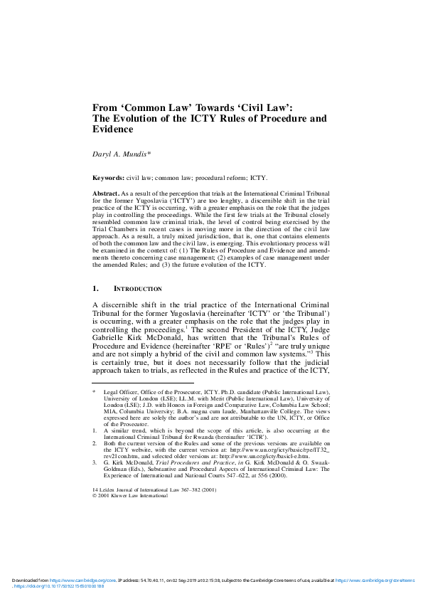(PDF) From ‘Common Law’ Towards ‘Civil Law’: The Evolution of the ICTY ...