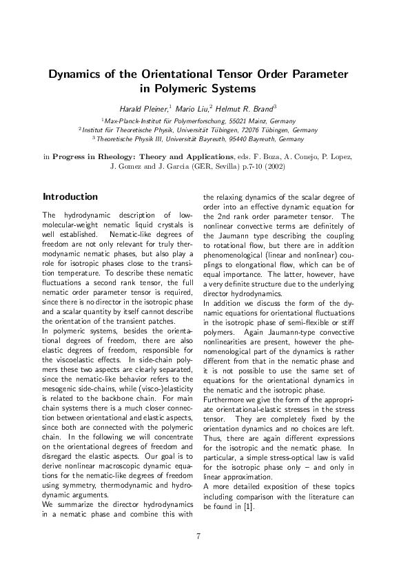 (PDF) Dynamics of the Orientational Tensor Order Parameter in Polymeric ...
