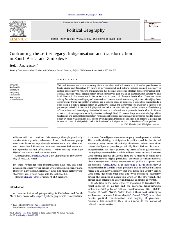 (PDF) Confronting the settler legacy: Indigenisation and transformation ...