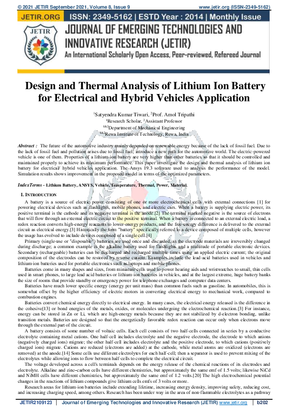 (PDF) Design and Thermal Analysis of lithium Ion Battery for Electrical ...