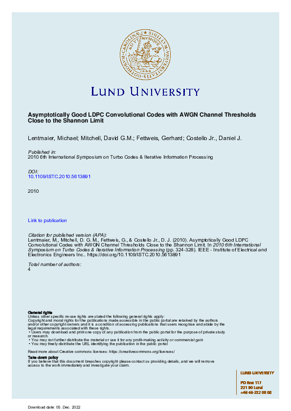 (PDF) Asymptotically good LDPC convolutional codes with AWGN channel ...