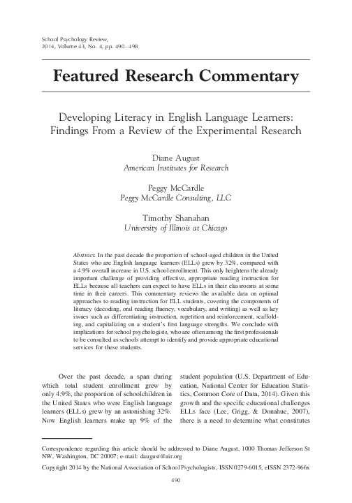 (PDF) Developing Literacy in English Language Learners: Findings From a ...