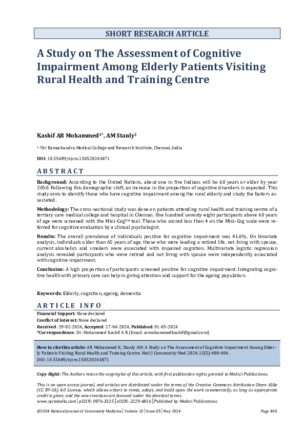 (PDF) A Study on The Assessment of Cognitive Impairment Among Elderly ...