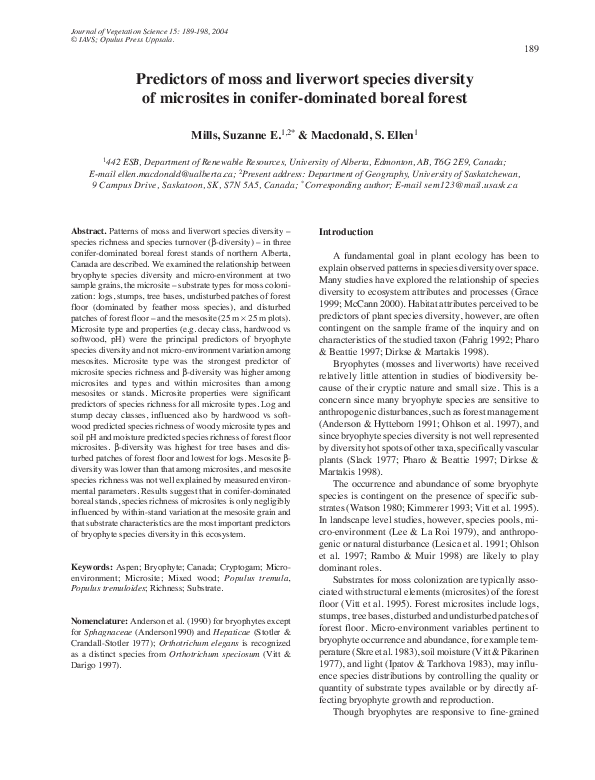 (PDF) Predictors of moss and liverwort species diversity of microsites ...