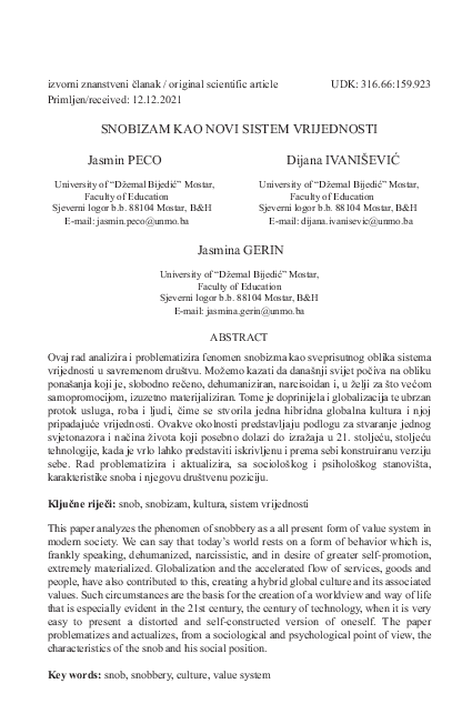 (PDF) Snobizam Kao Novi Sistem Vrijednosti / Snobism as New Value System