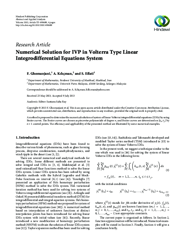 (PDF) Numerical Solution for IVP in Volterra Type Linear ...