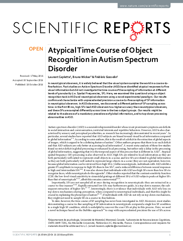 (PDF) Atypical Time Course of Object Recognition in Autism Spectrum ...