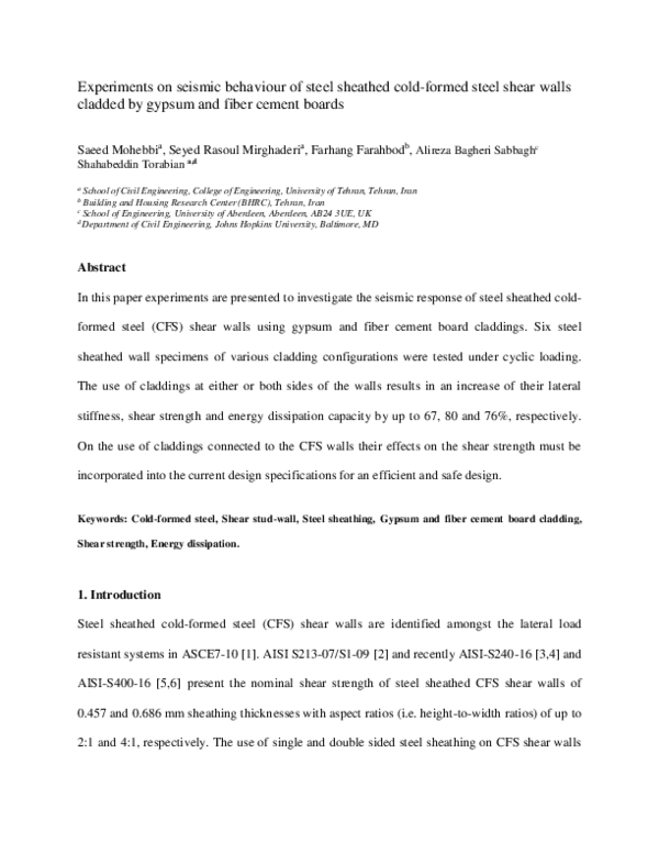 (PDF) Experiments on seismic behaviour of steel sheathed cold-formed ...