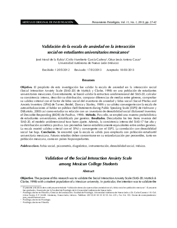 (PDF) Validation of the Social Interaction Anxiety Scale among Mexican ...