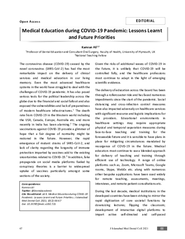 (PDF) Medical Education during COVID-19 Pandemic: Lessons Learnt and ...