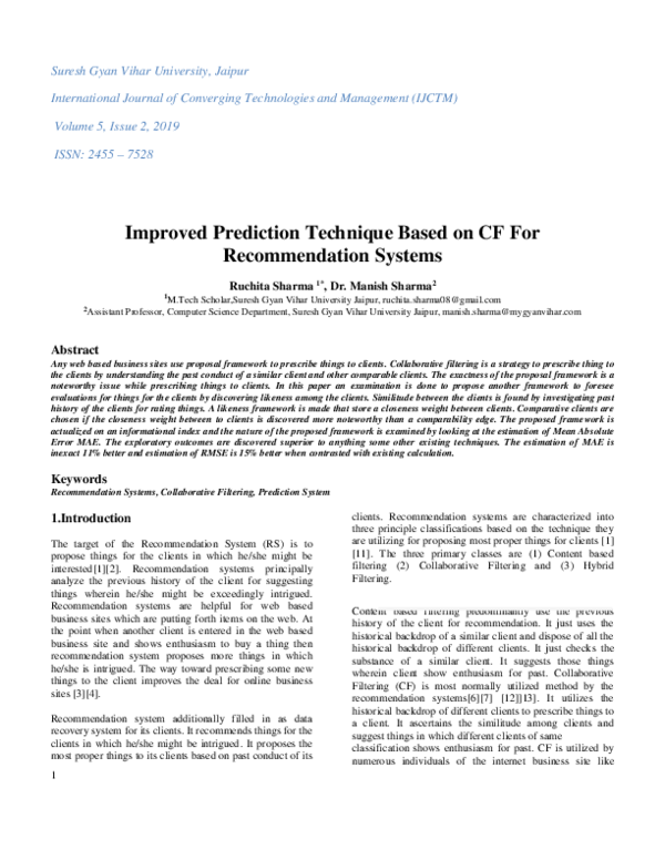 (PDF) Improved Prediction Technique Based on CF For Recommendation Systems