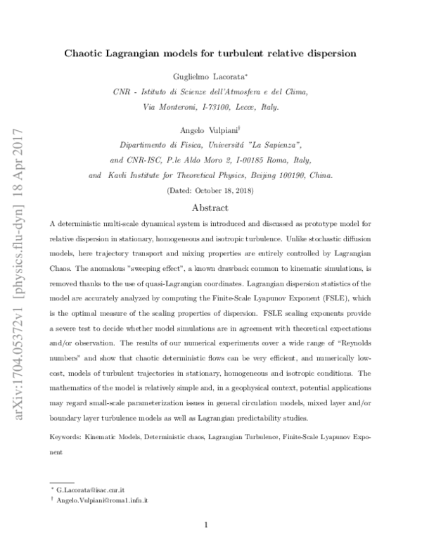 (PDF) Chaotic Lagrangian models for turbulent relative dispersion