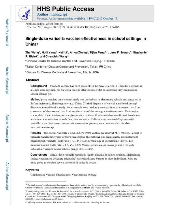 (PDF) Single-dose varicella vaccine effectiveness in school settings in ...