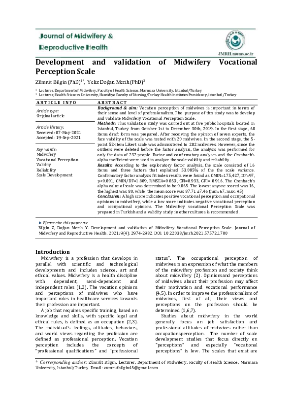 (PDF) Development and validation of Midwifery Vocational Perception Scale