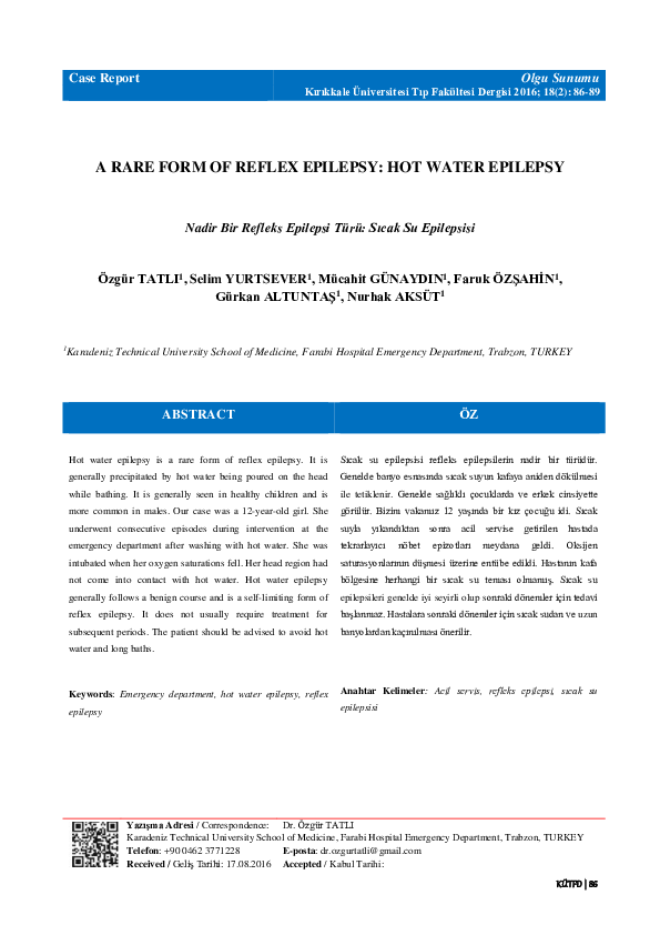(PDF) A Rare Form of Reflex Epilepsy: Hot Water Epilepsy