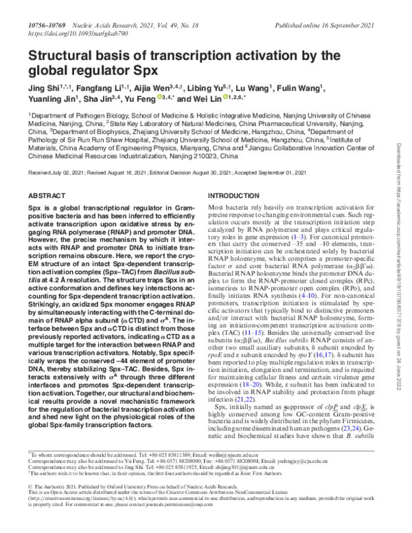 (PDF) Structural Basis of Transcription Activation: The CAP-αCTD-DNA ...
