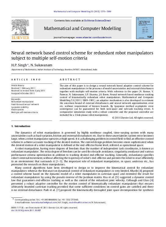 (PDF) Neural network based control scheme for redundant robot ...
