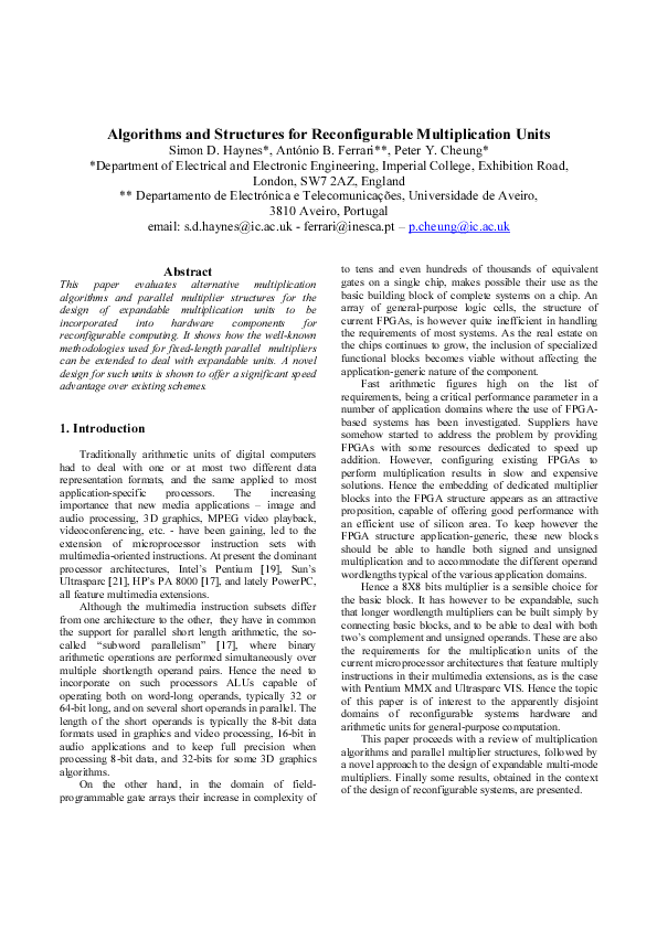 (PDF) Algorithms and structures for reconfigurable multiplication units