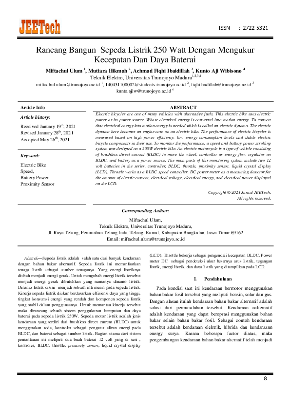 (PDF) Rancang Bangun Sepeda Listrik 250 Watt Dengan Mengukur Kecepatan