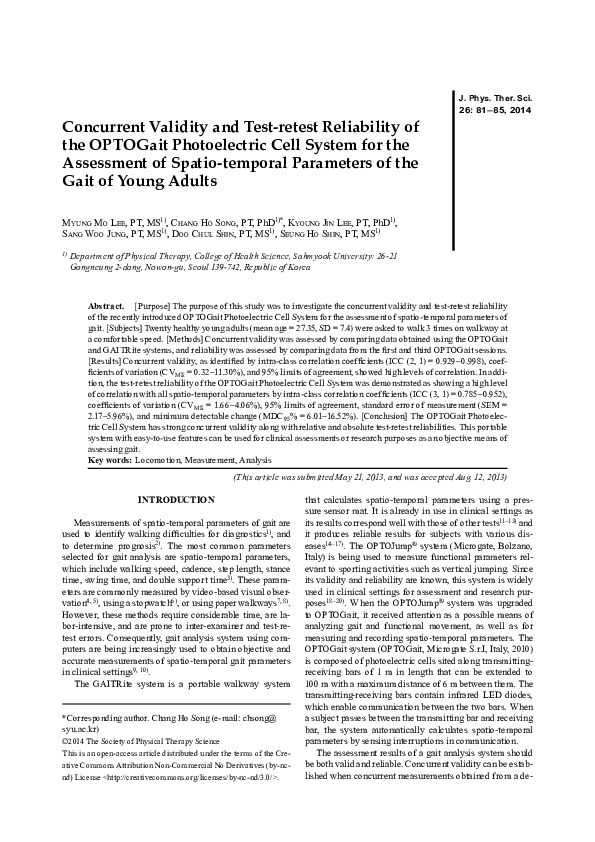 (PDF) Concurrent Validity and Test-retest Reliability of the OPTOGait ...