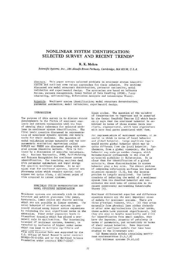 (PDF) Nonlinear System Identification: Selected Survey and Recent Trends