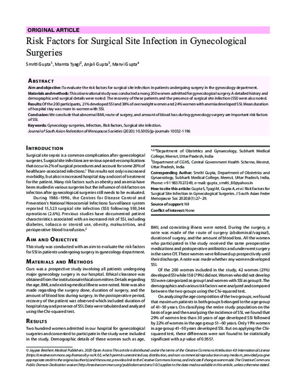 (PDF) Risk Factors for Surgical Site Infection in Gynecological Surgeries
