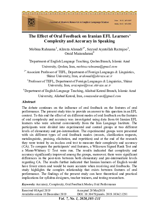 (PDF) The Effect of Oral Feedback on Iranian EFL Learners’ Complexity ...
