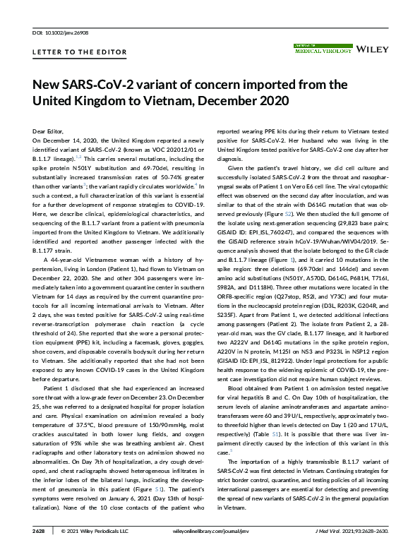 (PDF) New SARS‐CoV‐2 variant of concern imported from the United ...