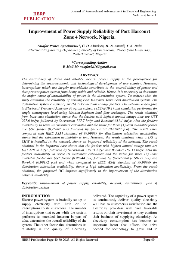 (PDF) Improvement of Power Supply Reliability of Port Harcourt Zone 4 ...