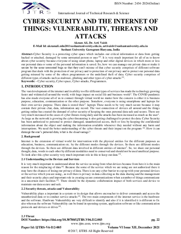 (PDF) Cyber Security and the Internet of Things: Vulnerability, Threats ...