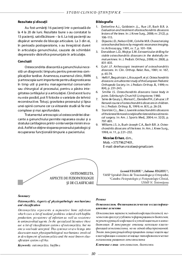 Osteomielita. Aspecte de Fiziopatologie şi de clasificare