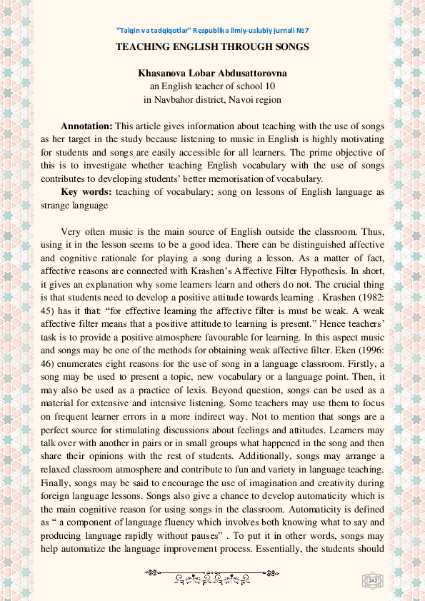 (PDF) Teaching English Through Songs