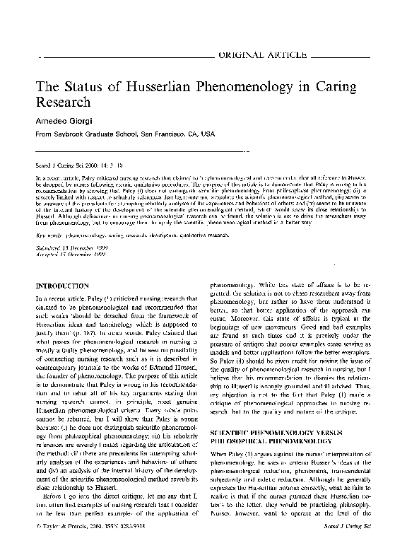 (PDF) The Status of Husserlian Phenomenology in Caring Research