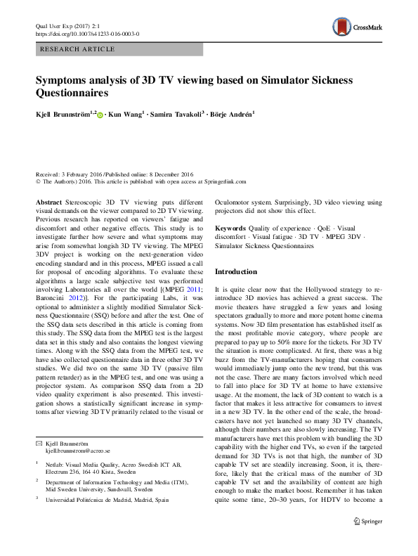 (PDF) Symptoms analysis of 3D TV viewing based on Simulator Sickness ...