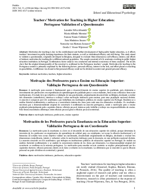 (PDF) Teachers’ Motivation for Teaching in Higher Education: Portuguese ...