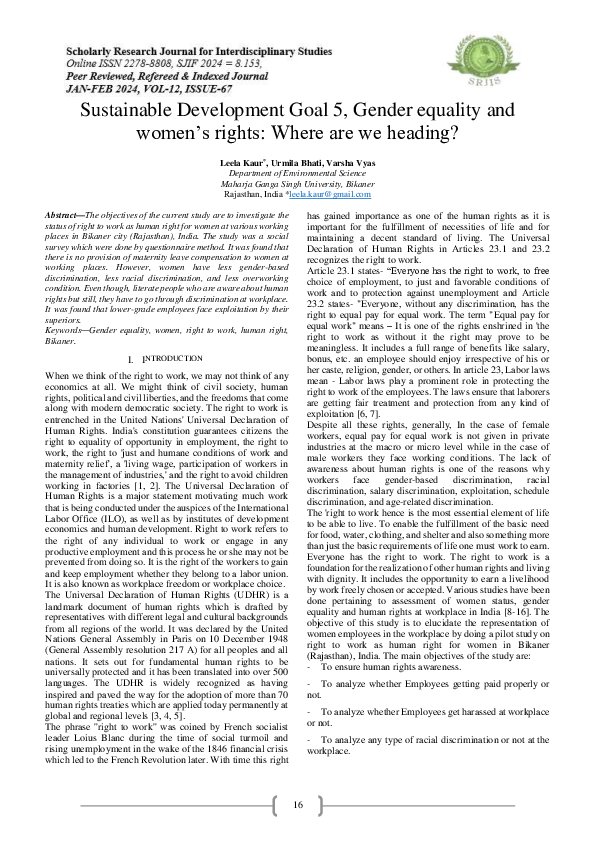 (PDF) Sustainable Development Goal 5, Gender equality and women's ...