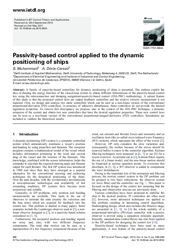 (PDF) Passivity-based control applied to the dynamic positioning of ships