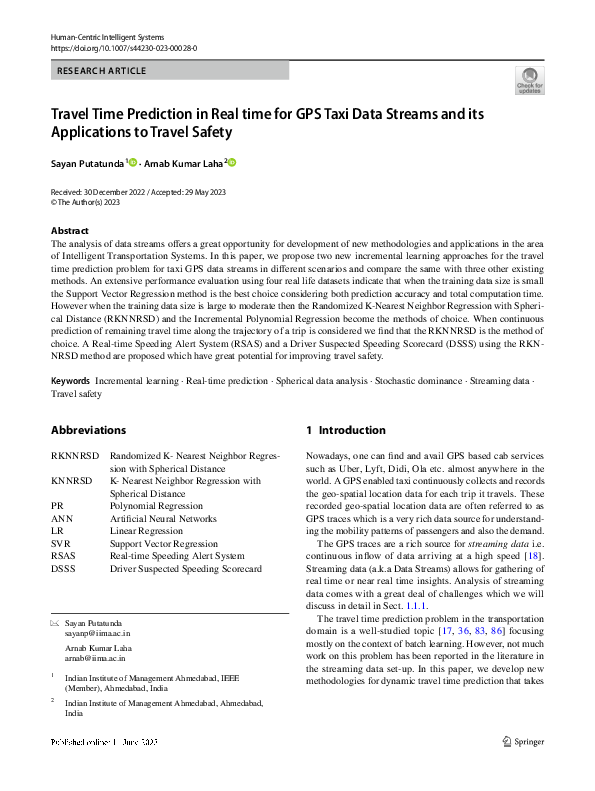 (PDF) Travel Time Prediction in Real time for GPS Taxi Data Streams and ...