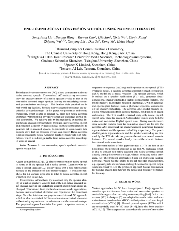 (PDF) End-To-End Accent Conversion Without Using Native Utterances