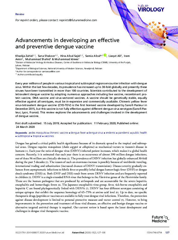 (PDF) Advancements in developing an effective and preventive dengue vaccine