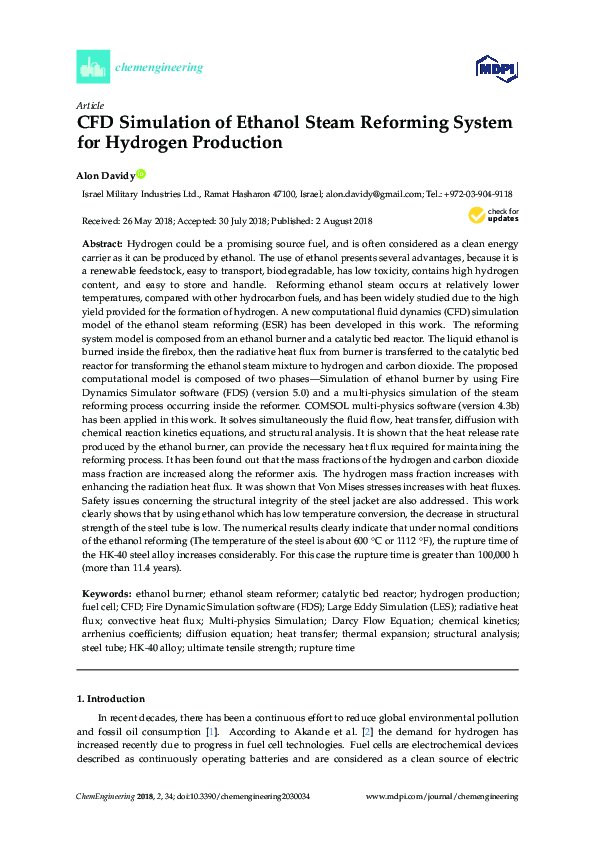 (PDF) CFD Simulation of Ethanol Steam Reforming System for Hydrogen ...