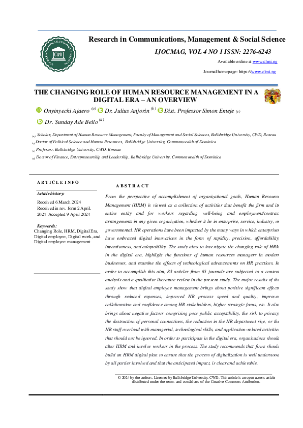 (PDF) THE CHANGING ROLE OF HUMAN RESOURCE MANAGEMENT IN A DIGITAL ERA ...