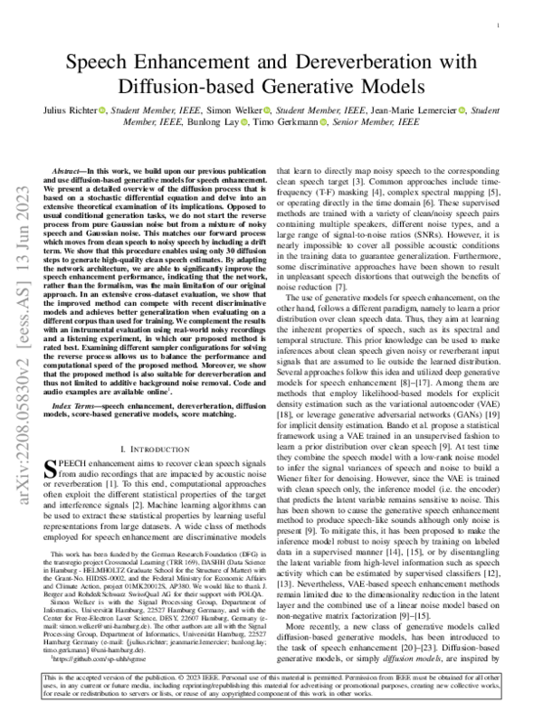 (PDF) Speech Enhancement and Dereverberation with Diffusion-based ...